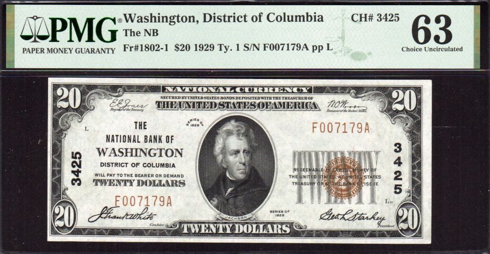 Washington, DC, Ch.#3425, 1929T1 $20, E007179A, Ch.CU, PMG-63